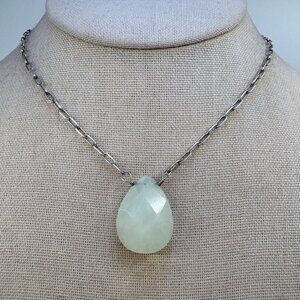 VTG Sterling Silver 925 Green Chalcedony Oval Pendant Necklace Size 18" Length